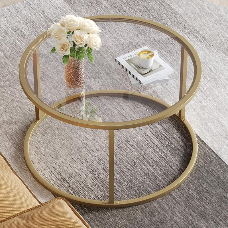 SAYGOER-mesa de centro pequeña de cristal, mesa redonda dorada, mesa de centro Simple y moderna de repuesto con marco dorado