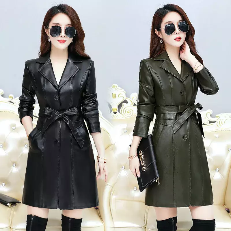 2023 Autumn Winter Leather Jacket for Women Clothing Elegant Slim Leather Jackets Female Mid-length Windbreaker Coat Abrigos
