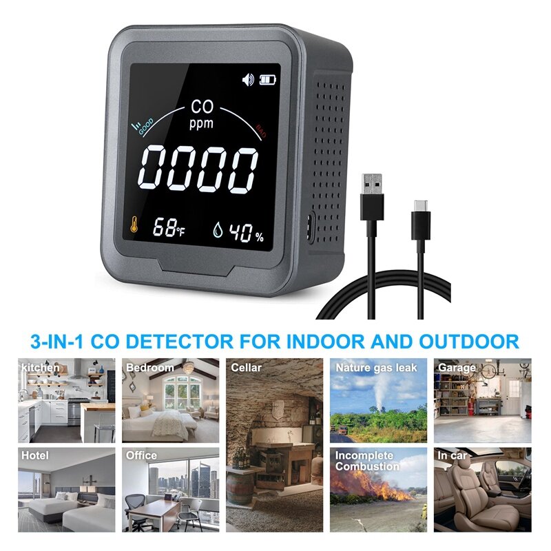 3-in-1 일산화탄소 감지기, 데스크탑 및 벽 CO 감지기, 알람 온도 및 습도 감지기, 블랙 CO 계량기 PTH-9D