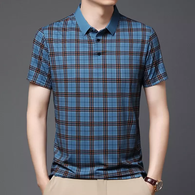 Men's Summer Thin Style Trendy Striped Checkered Polo Collar Casual Short Sleeves