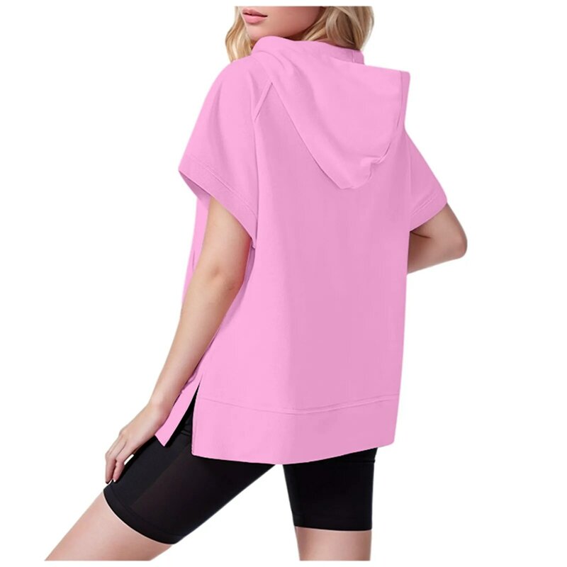 Women's Fashion Casual Solid Color Casual Short Sleeved Hoodie Top Women Hoodies with Zipper
