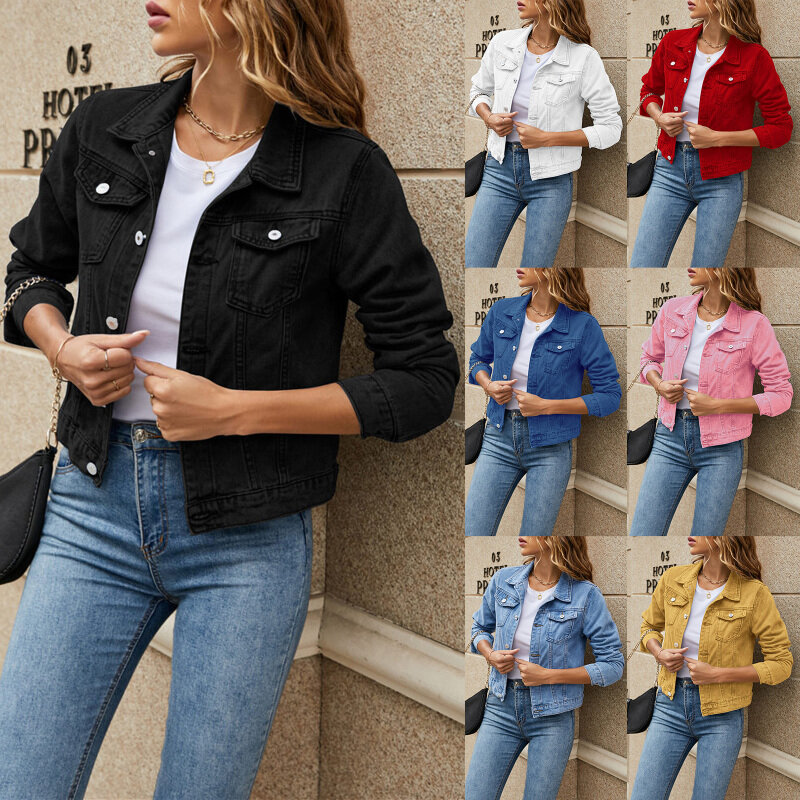Jaqueta jeans de manga longa feminina, lapela, botão de baixo, bolso no peito, jaqueta jeans justa, monocromática, casual, moda feminina, outono, inverno