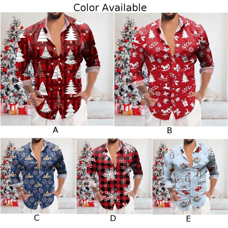 Camisas de botones con estampado navideño para hombres, vestido Formal de manga larga, ajuste informal, adecuado para las cuatro estaciones, hecho de poliéster