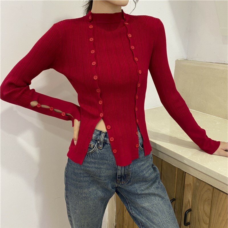 Irregular Slim Knitting Cardigan Sweater Loose Fit V-Neck Long Sleeve Women New Fashion Tide Autumn Winter 2024