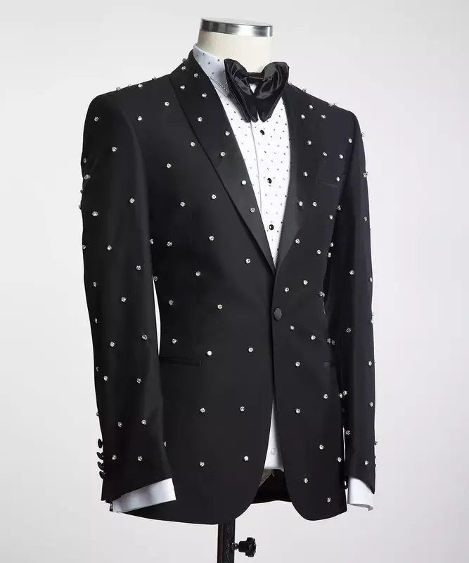 Traje Formal de cristal para hombre, conjunto de 2 piezas, Blazer + Pantalones, esmoquin de boda de novio negro, de doble botonadura abrigo, chaqueta hecha a medida