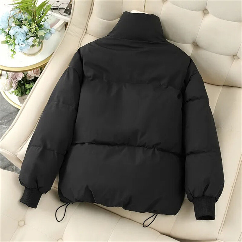 Simple Thickened Solid Color Cotton Padded Jacket Korean Fashion Lapel Drawstring Waist Pocket Down Coat Women Loose Elegant Top