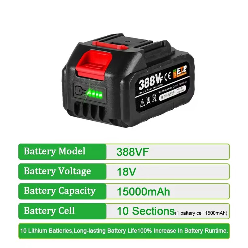 Baterai Li-ion 15000mAh 388VF, dapat diisi ulang 18V untuk kunci pas listrik tanpa sikat, alat listrik bor gerinda sudut