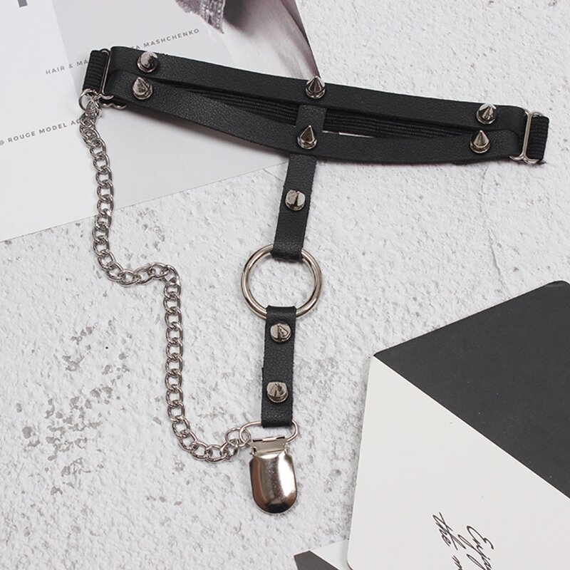 Cinturón cuero Punk PU para mujer con cadena colgante, Clips para pierna roca con decoración circular para mujer