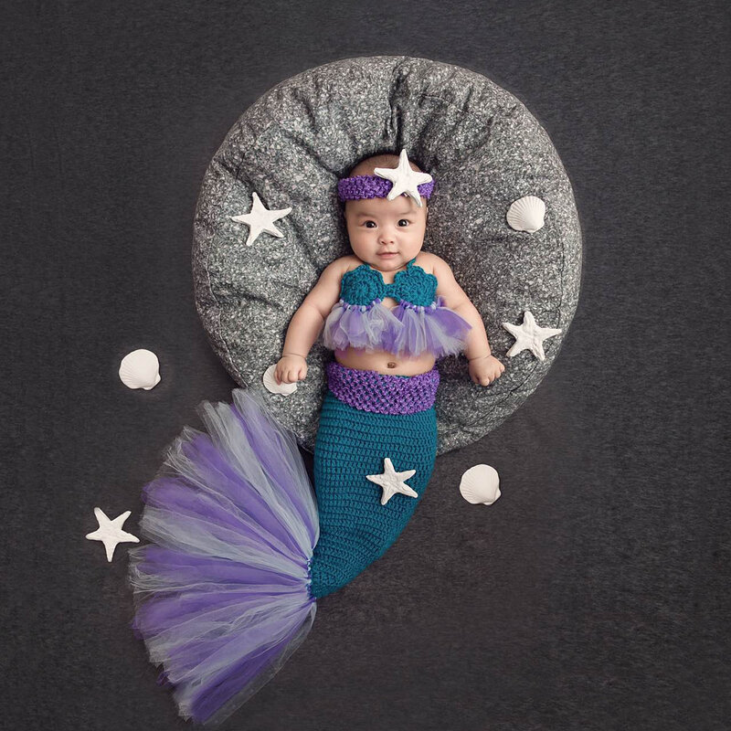 Pakaian fotografi anak-anak, kostum bayi putri duyung ungu baru, aksesori properti pengambilan foto Studio bayi baru lahir