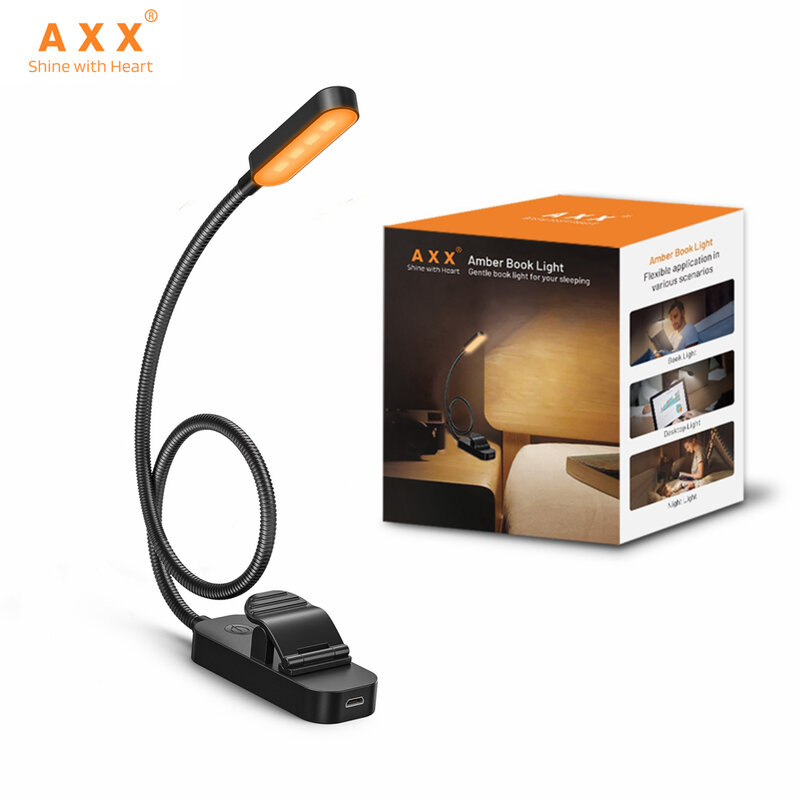 AXX Clip Book Light 1700K Янтарные лампы для чтения для кровати Аккумуляторная клипса для детей Небольшие светодиодные фонари с питанием от батареи Ночные студенческие средства защиты глаз Мягкий теплый свет для чтения
