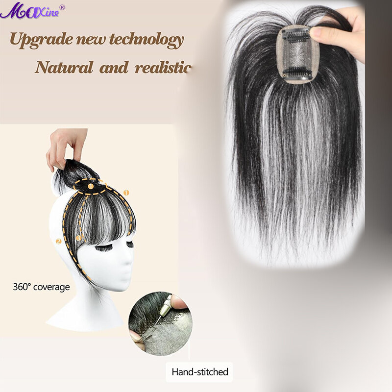 Peruca com topper clipe de renda para mulheres, Franja Curva, 100% cabelo humano real, capa de 360 °
