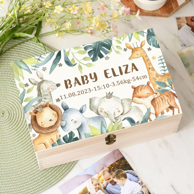 赤ちゃんのためのパーソナライズされた木製のメモリーボックス,新生児のためのパーソナライズされた森の動物の箱,新生児の贈り物,赤ちゃんのための赤ちゃんの詳細