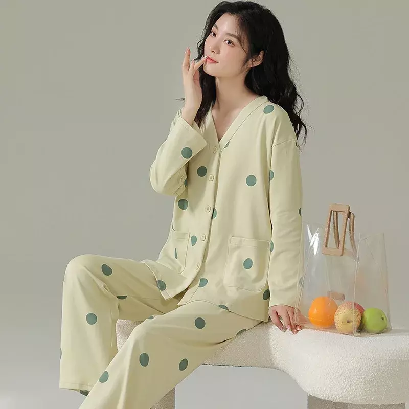 Conjuntos de pijama feminino manga comprida com decote em v, lounge estampado, button Homewear, pijamas outono e inverno, moda coreana, roupas de casa