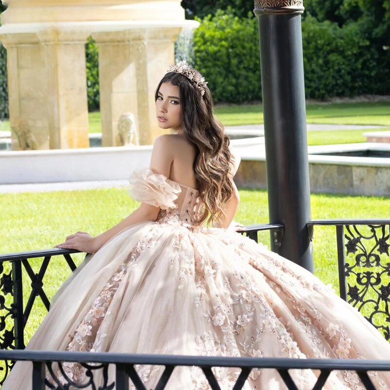 Abiti da ballo Quinceanrra con maniche staccabili Appliques Vintage 3D Flower Princess Long Glitter Luxury Sweet 16 Dress Vestidos