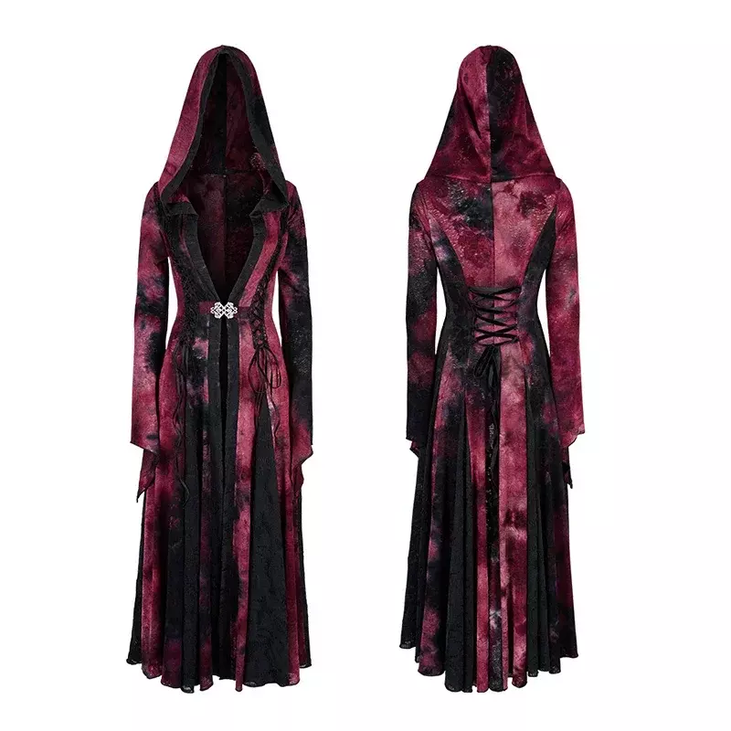 PUNK RAVE Women's Goth Dark Wizard Long Coat Knitted Jacquard Tie Dyed Halloween Cardigan Hat Jackets Engraved Buckle Clothing