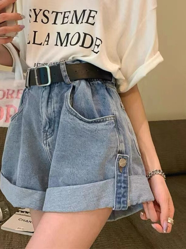 Celana pendek wanita kancing Denim pinggang tinggi ramping kuliah musim panas Streetwear dasar Vintage gaya Amerika Harajuku baru tiba Slouchy