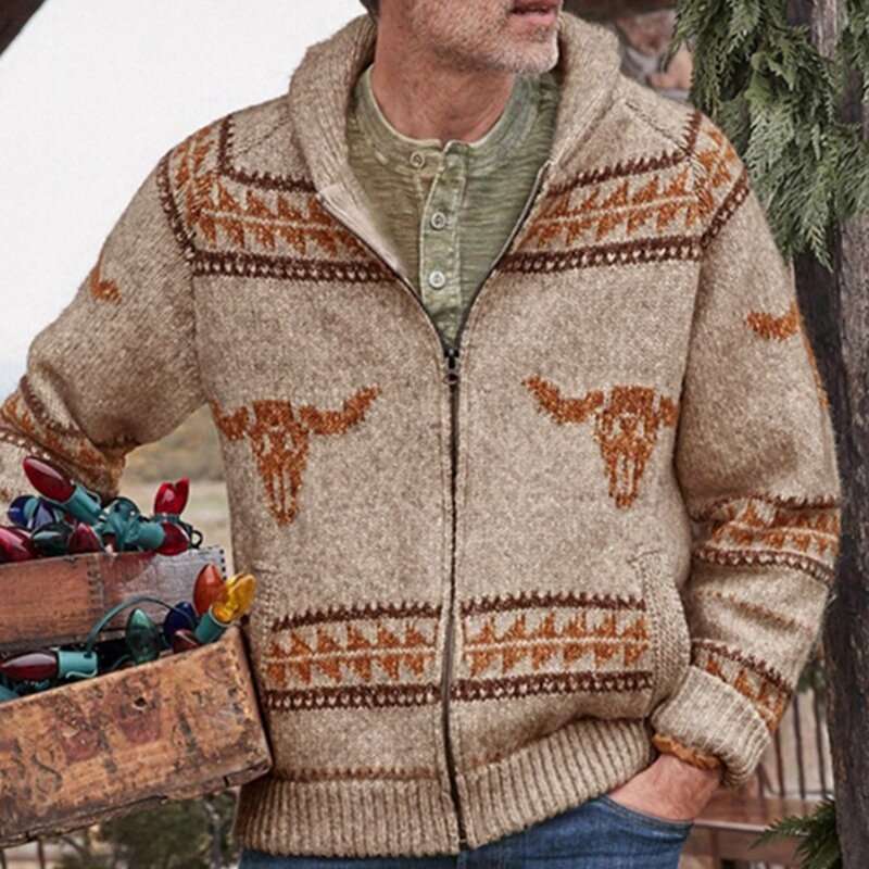 Suéter de punto Jacquard con cremallera para hombre, abrigo de punto con capucha, suéter de aguja gruesa, otoño e invierno, nuevo