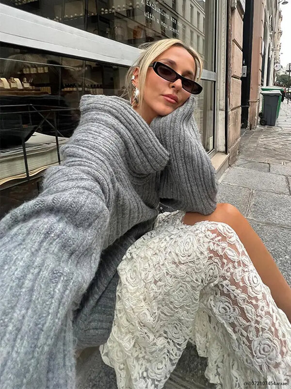 Fashion Slash Neck Sweater Women Streer Loose Long Sleeve Female Knit  Jumpers 2024 Autumn Casual Solid Lady Chic Knitwear