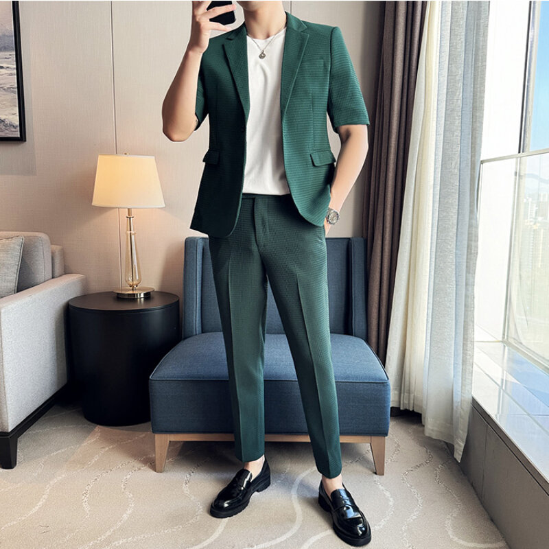 (Jackets+Pants) Men Short Sleeved Suits And Shorts Male Simple Solid Houndstooth Fabric Comfortable Slim Fit Two-piece Sets