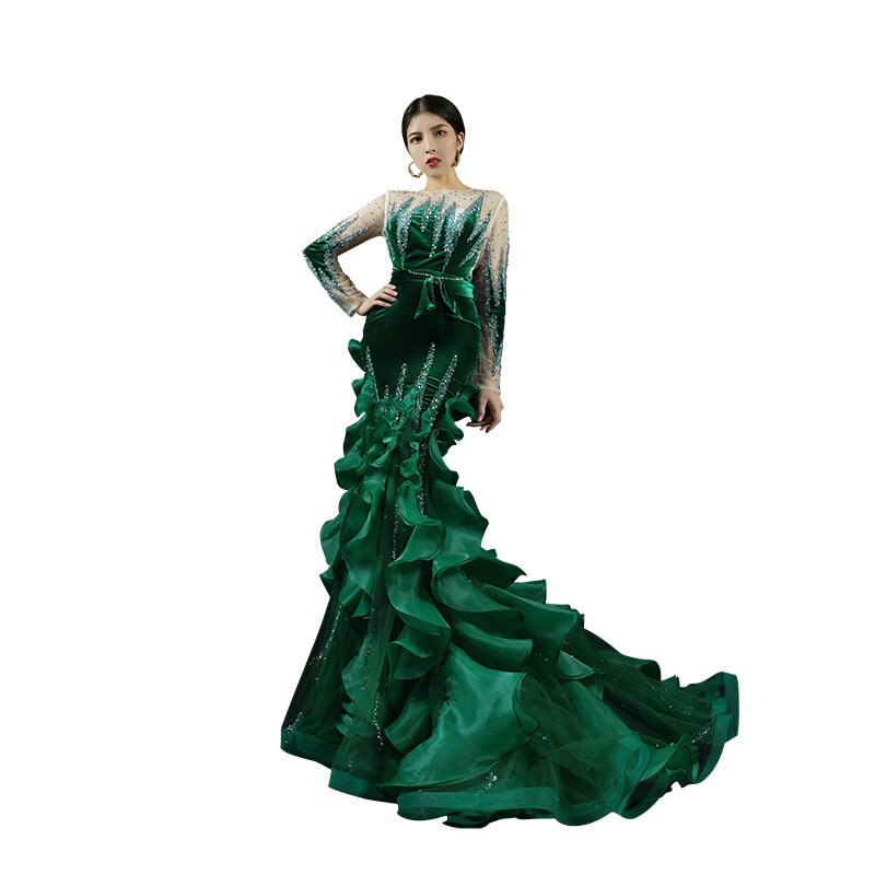 Luxury Evening Dress For Women Handmade Beaded Host Dress Walk Show Performance Queen Lotus Leaf Tail Long Mermaid Skirt H590