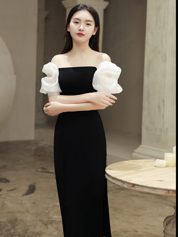 黒のイブニングドレス,エレガントな婦人服,パフスリーブ,スクエアカラー,シンプル,新しいコレクション2022