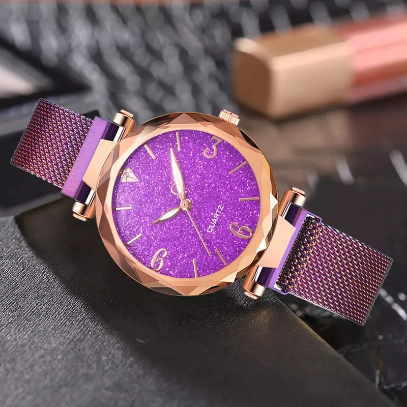 Женские наручные часы с сетчатым браслетом, часы цвета розового золота с магнитной застежкой в форме звездного неба, 2023