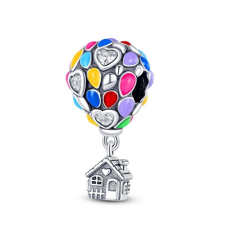 Abalorio de plata de ley 925 con diseño de globo aerostático para pulsera Pandora, abalorio de Casa de globo aerostático brillante para Pavé de feliz cumpleaños