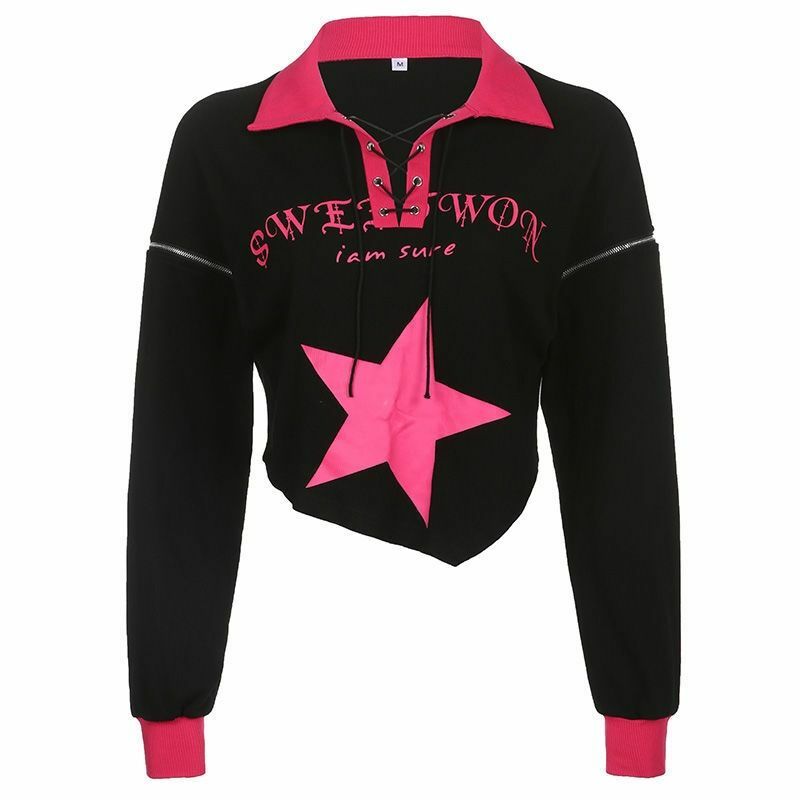 Bluzy damskie z dekoltem w koszulkę Polo nadrukowane litery nieregularne topy z długimi rękawami główna ulica Y2k Autumn New Arrival Streetwear damskie