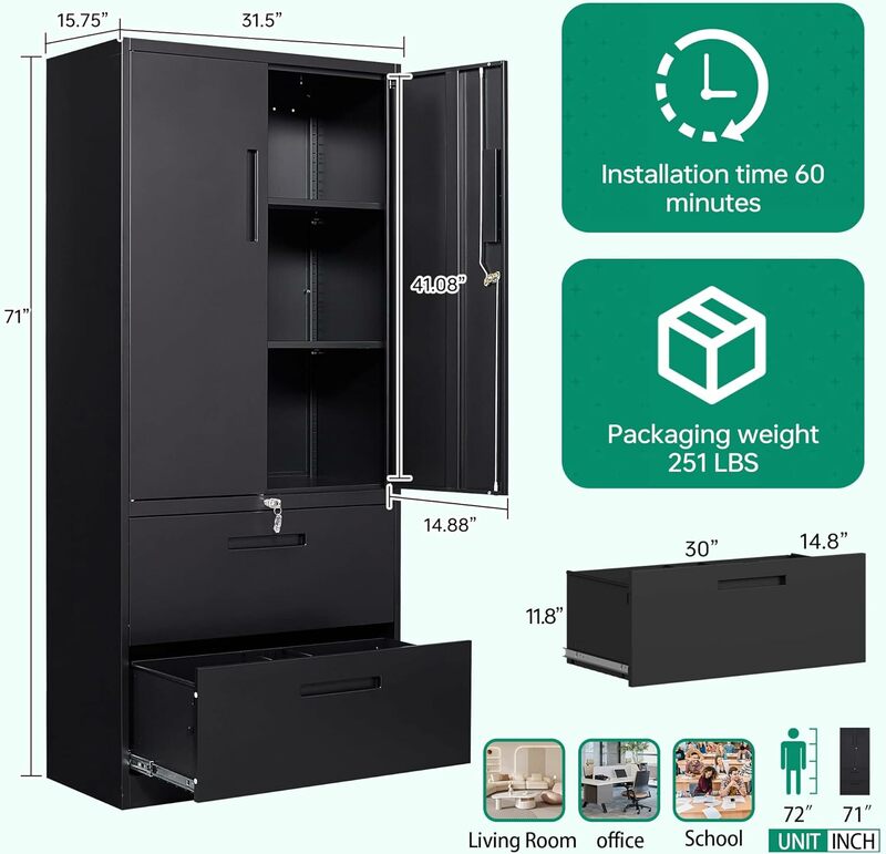 Letaya File Cabinet for Home Office,Metal Storage Cabinets with Lock and Adjust Shelves,2 Drawers Filing Cabinets-Hang