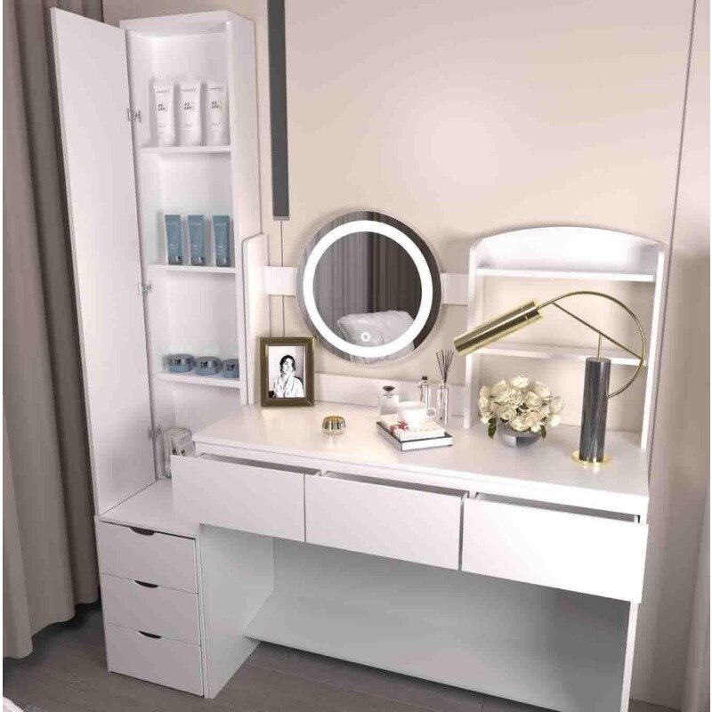 63-calowy biurko do toaletek z 3-kolorowym regulowanym dotykowe światło, drewniany lustro kosmetyczne do przechowywania masy do makijażu z 6 szufladami dla kobiet dziewcząt