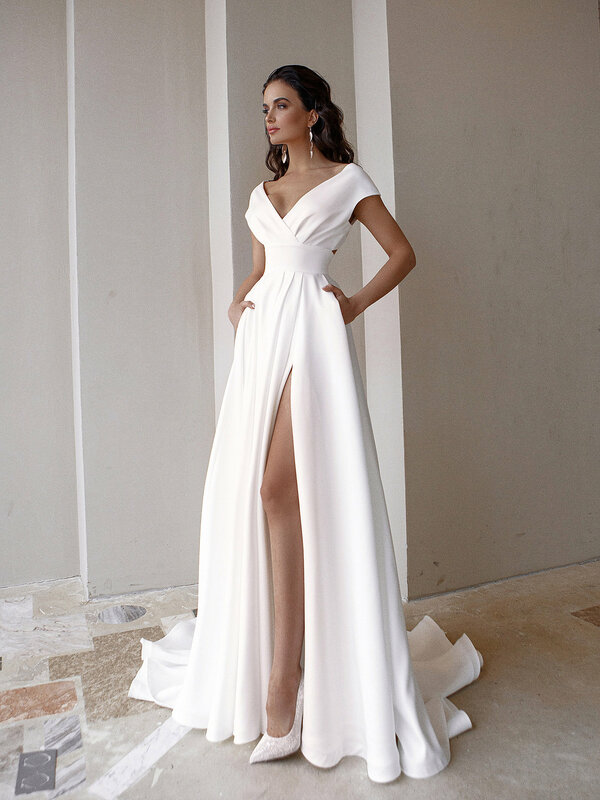Abschluss ball Maxi kleid für Frauen Hochzeits feier Stoff V-Ausschnitt solide rücken freie Kurzarm Wischen langen Rock Vestidos Frau weiße Kleider