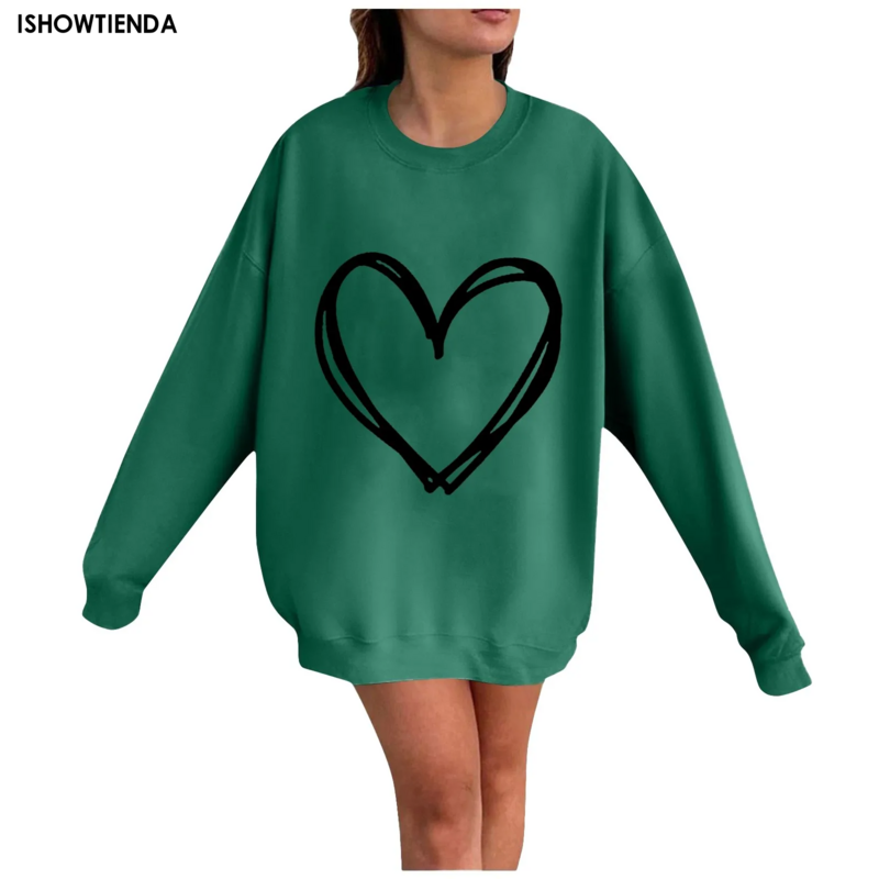 Love Heart Printed Women Sweatshirt Long Sleeve Girlfriends Style Hoodies Valentines Day Gift O Neck Streetwear Outfits Femme