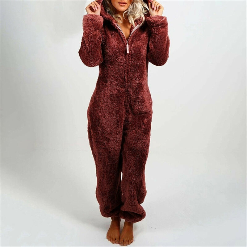 Women's Plush Romper Autumn Winter Flannel Pajamas Long-Sleeve Zipper High Neck Hat Keep Warm Girl’s Clothes Sleepwear Homewear