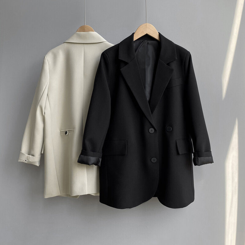 Blazer noir à double boutonnage pour femme, veste trempée, drapé, couleur unie, bureau, printemps, automne, 2023