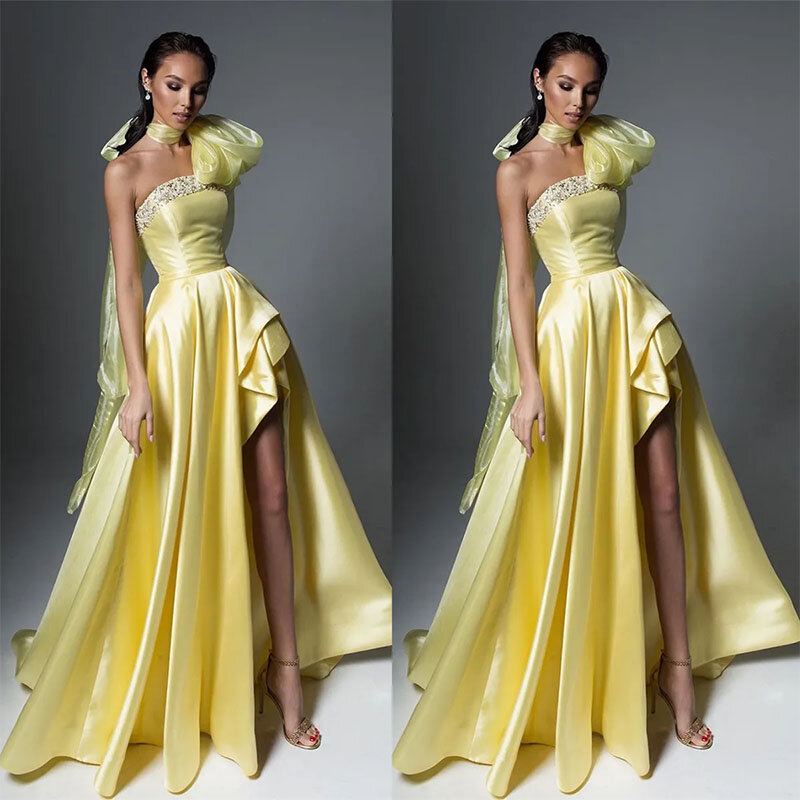 Nowy żółty seksowna suknia wieczorowa bez ramiączek z boku w kształcie linii, elegancka sukienki na przyjęcie na studniówkę do podłogi