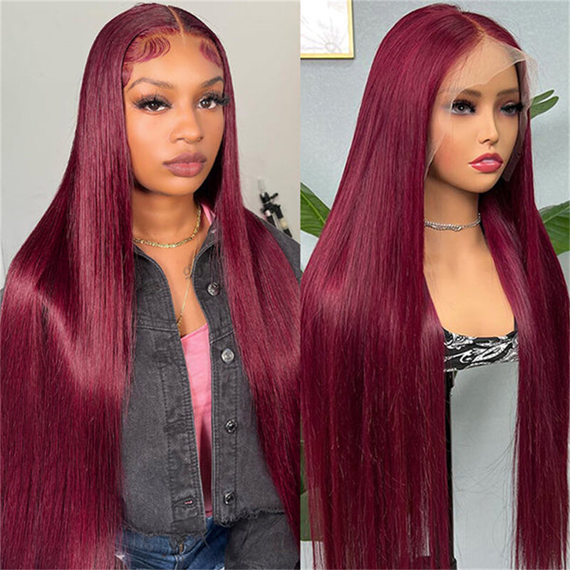 99J Burgundy Peruvian Straight 13x4 Lace Front Wig Human Hair Wigs For Women Colored Lace Frontal HD Transparent Wig Pre-Plucked