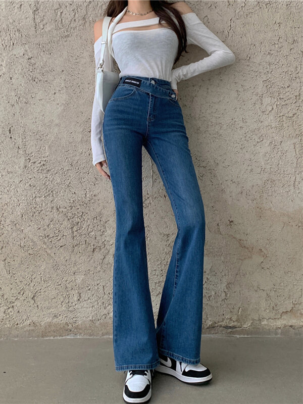 Корейские модные эластичные облегающие джинсы для женщин Y2K синие прямые брюки с высокой талией повседневные трендовые джинсы с неровной талией Новинка 2024