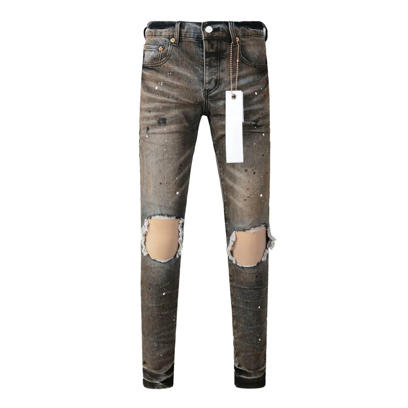 Celana jeans merek ROCA ungu baru 2024 dengan celana Denim kurus tingkat rendah perbaikan pencucian nada ganda distressed jalanan tinggi