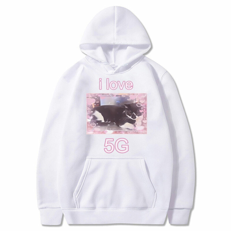 Engraçado unissex eu amo o gato 5G no hoodie do portátil, camisola bonito de Kawaii, roupa masculina, hoodies grandes do algodão do velo, homens e mulheres