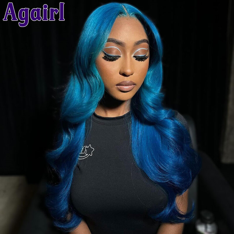 Perruque Body Wave Lace Front Wig sans colle pour femme, cheveux humains, bleu clair, pré-plumée, transparente, 6 ans, 13x6, 13x4