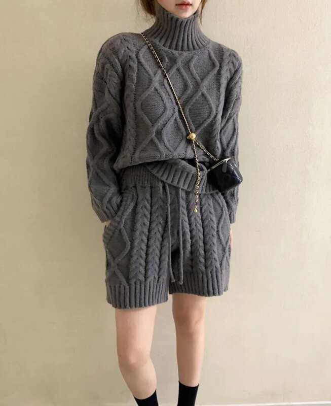 Women Turtleneck Solid Plaid Sweater+Waist Elastic Twists Knit Shorts 2023 Autumn Winter New Casual 2 Piece Set 16U3937