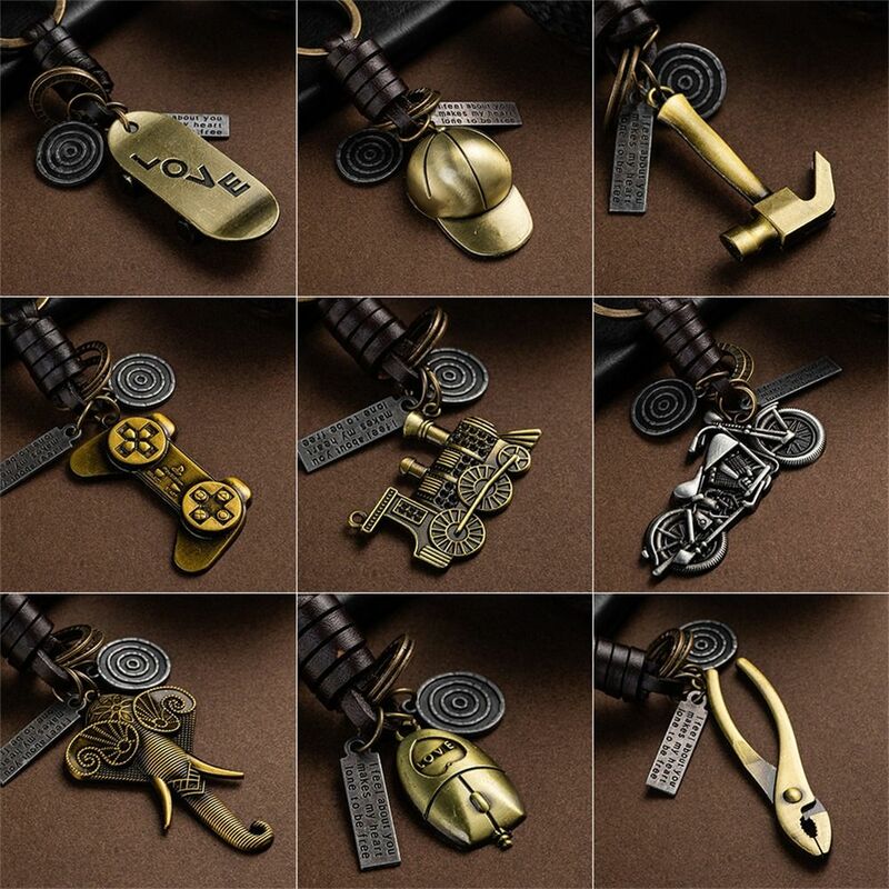Porte-clés éléphant marron vintage pour homme et femme, cuir de planche à roulettes, porte-clés rétro, alliage métallique, musique, breloque de sac