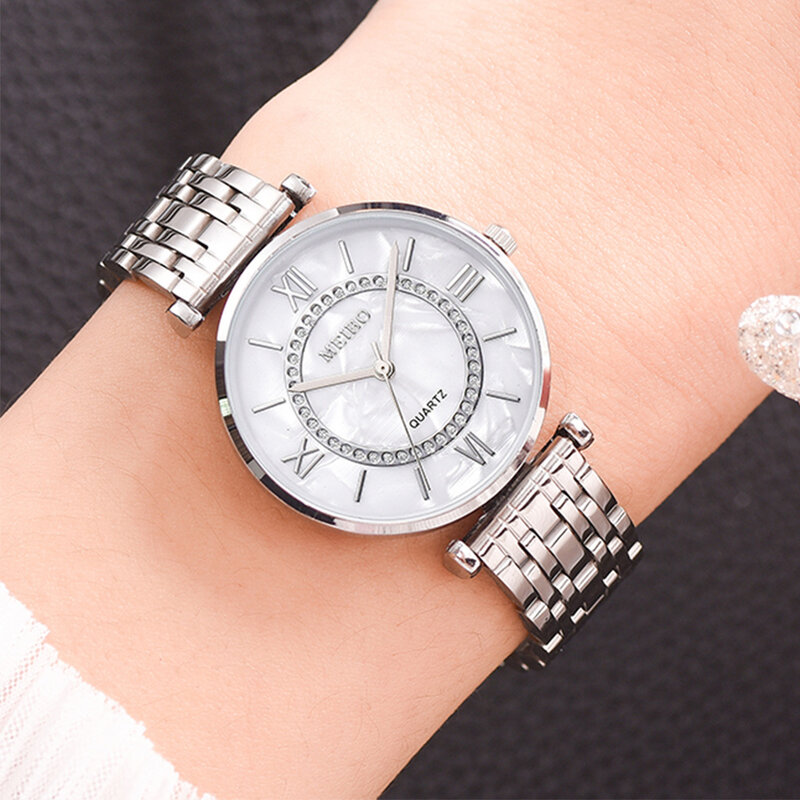 Dropship สร้อยข้อมือคริสตัลเงินนาฬิกาแฟชั่นสำหรับผู้หญิงเพชรสุภาพสตรีนาฬิกาควอตซ์หญิงนาฬิกาข้อมือ Montre Femme Gold Relogio