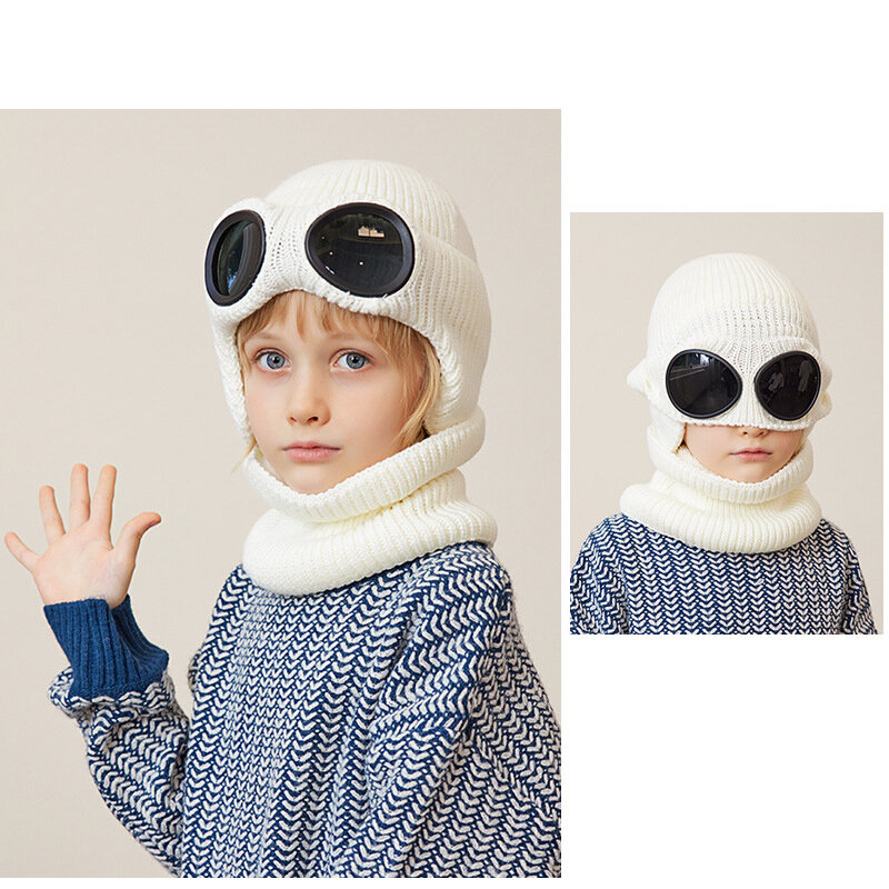 Set syal Beanie anak laki-laki perempuan, topi benang wol lapisan bulu hangat 2 buah dengan kacamata, penutup leher rajut anak-anak musim dingin