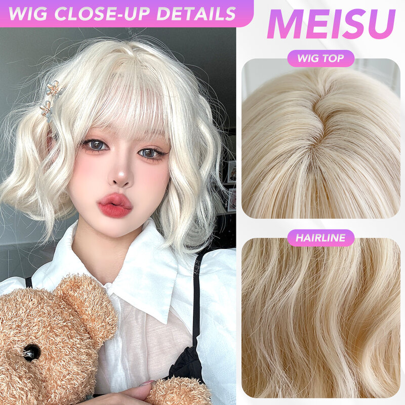 MEISU-Perruque Synthétique Bouclée à Frange Courte pour Femme, Fibre Blonde, Résistante à la Chaleur, ixNaturelle ou Selfie, 12 Pouces