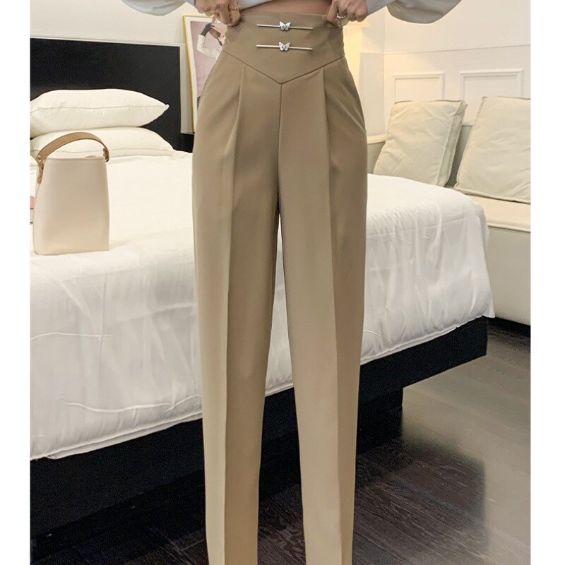 Celana panjang lurus wanita, celana panjang warna polos metalik Formal pinggang tinggi modis baru musim panas dan semi 2024