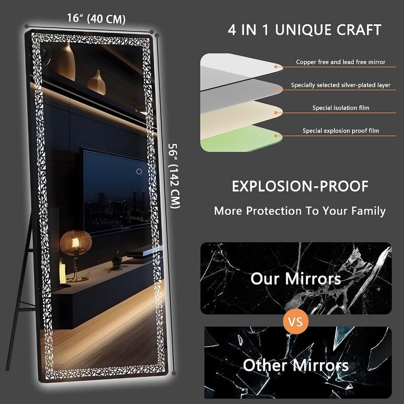 Hasipu LED 조명 전체 길이 거울, 삼각형 패턴 조명, 벽걸이 거울, 56 인치 x 16 인치