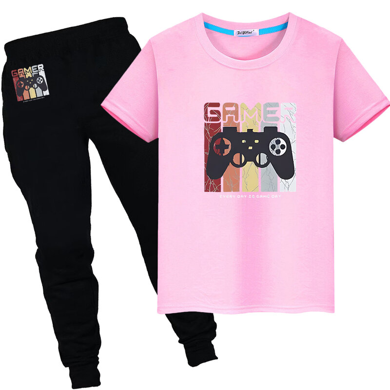 gamepad printing Summer Tops+pant Sports Sets 100%Cotton Cute T-shirts Kawaii Short TShirts y2k Boy girls clothes child Day gift