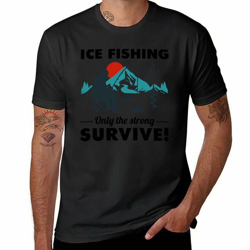 Pescador de pesca no gelo masculino camisetas, acampamento inverno, montanha, natureza, camisetas gráficas, roupas de anime, camiseta designer