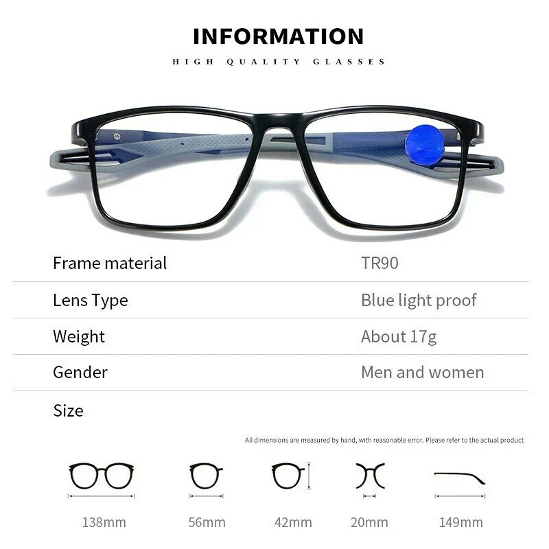 TR90 스포츠 독서 안경, 초경량 안티 블루 라이트, 노안 안경, 원거리 시력 광학 안경, + 4.0 디옵터